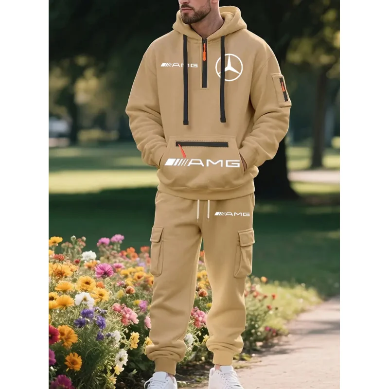 

Mercedes-Benz Autumn Winter American Style Heavyweight Fleece Loose Men's Two-Piece Set Men's casual sports workwear trendy set