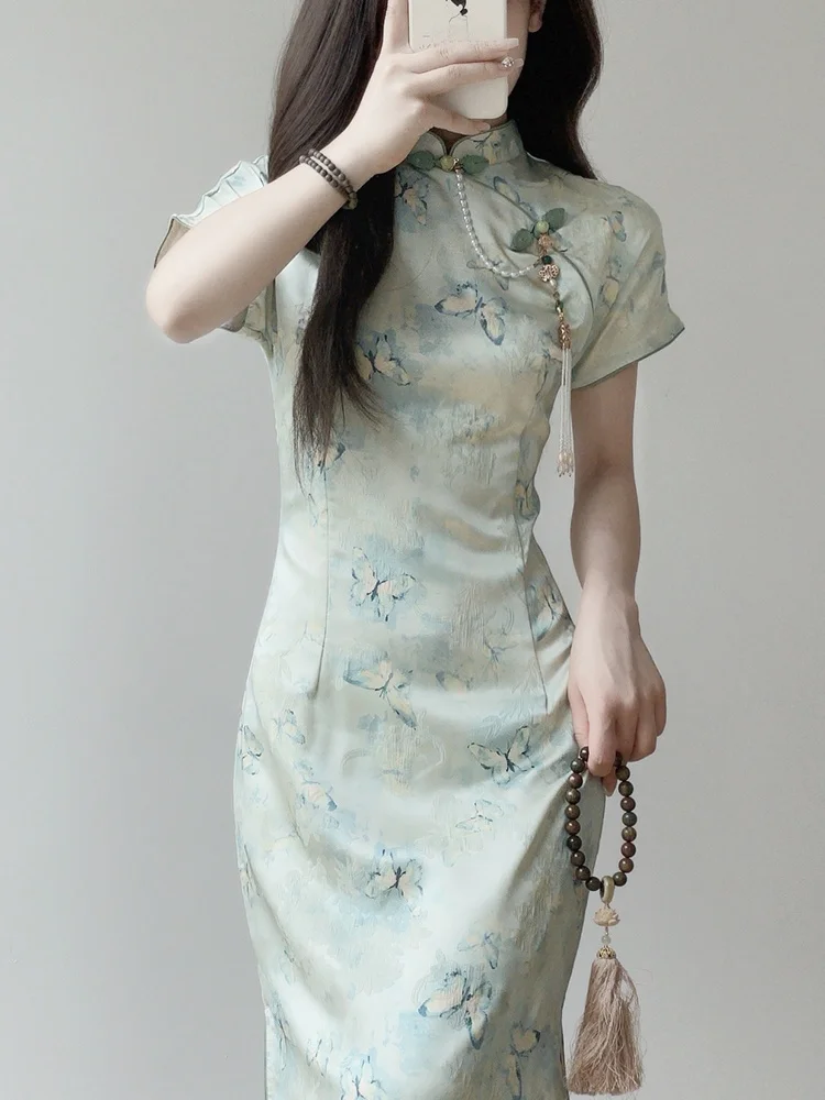 

Ele Young Chinese Sle Dr Ting Yue Ling New 2024 Summer Low Slit ort Sve Long for Girls