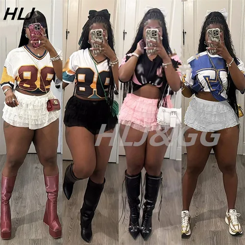 HLJ 여성용 레터 프린트 루즈 티셔츠, V넥 반팔 상의 및 구김 레이스 미니 스커트, 패션 스트리트웨어, 투피스 세트 