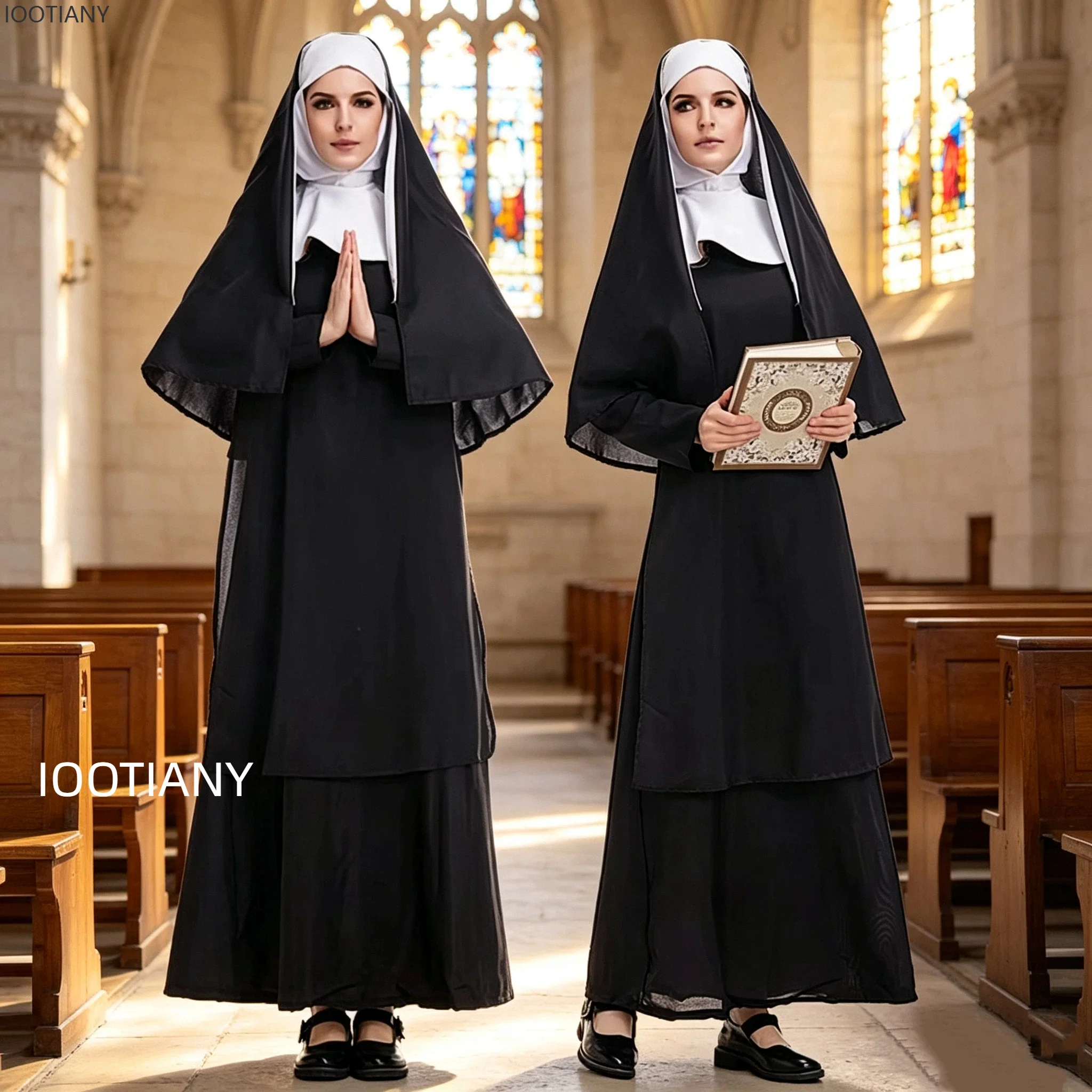 Halloween Women Medieval Catholic Cosplay Nun Preacher Headband Costume Set Adult Party Priest Carnival Masquerade Dress Robe