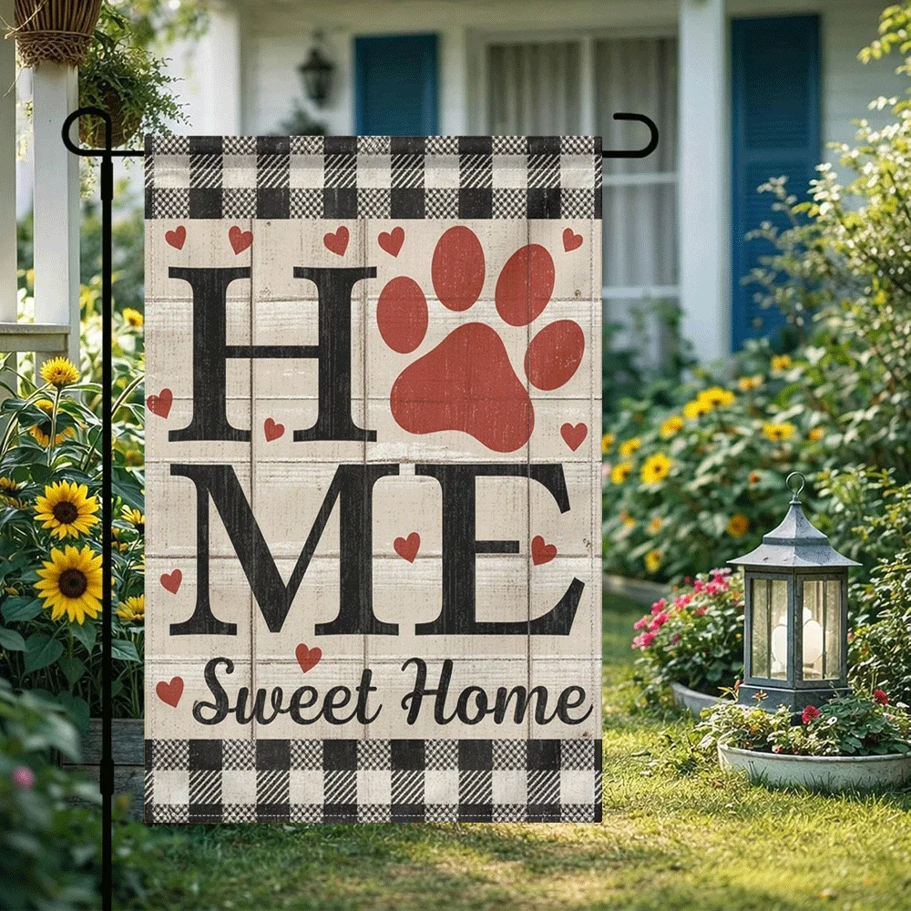 1 Bandera Decorativa para Jardín con Diseño de Huella de Pata de Mascota y Patrón a Cuadros, Estilo Rústico de Madera, para Exteriores