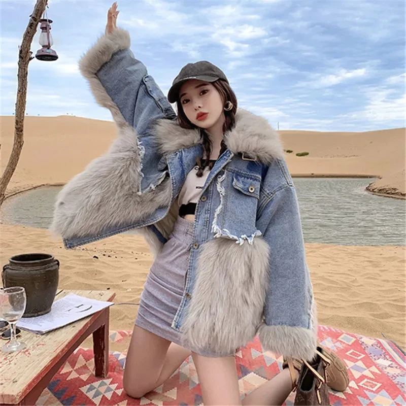 

Women Winter Denim Jacket Fur Collar add Velvet Coat Thick Warm Loose Parker Vintage Bomber faux fox fur Jeans Outwear lady 2024