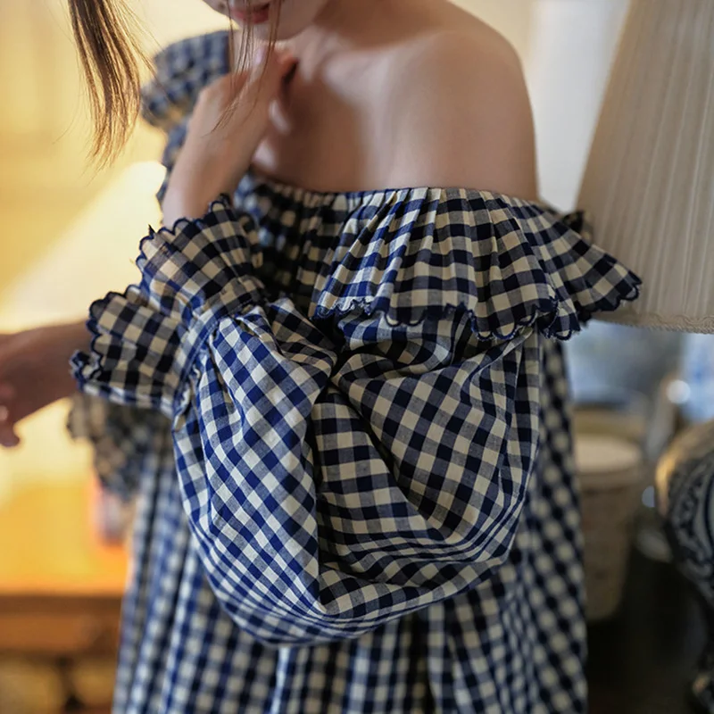 

100% Cotton England Retro Red Checkered Sweet Nightgown Loose Fitting Home Outfit French Nightgown for Women Spring Autumn