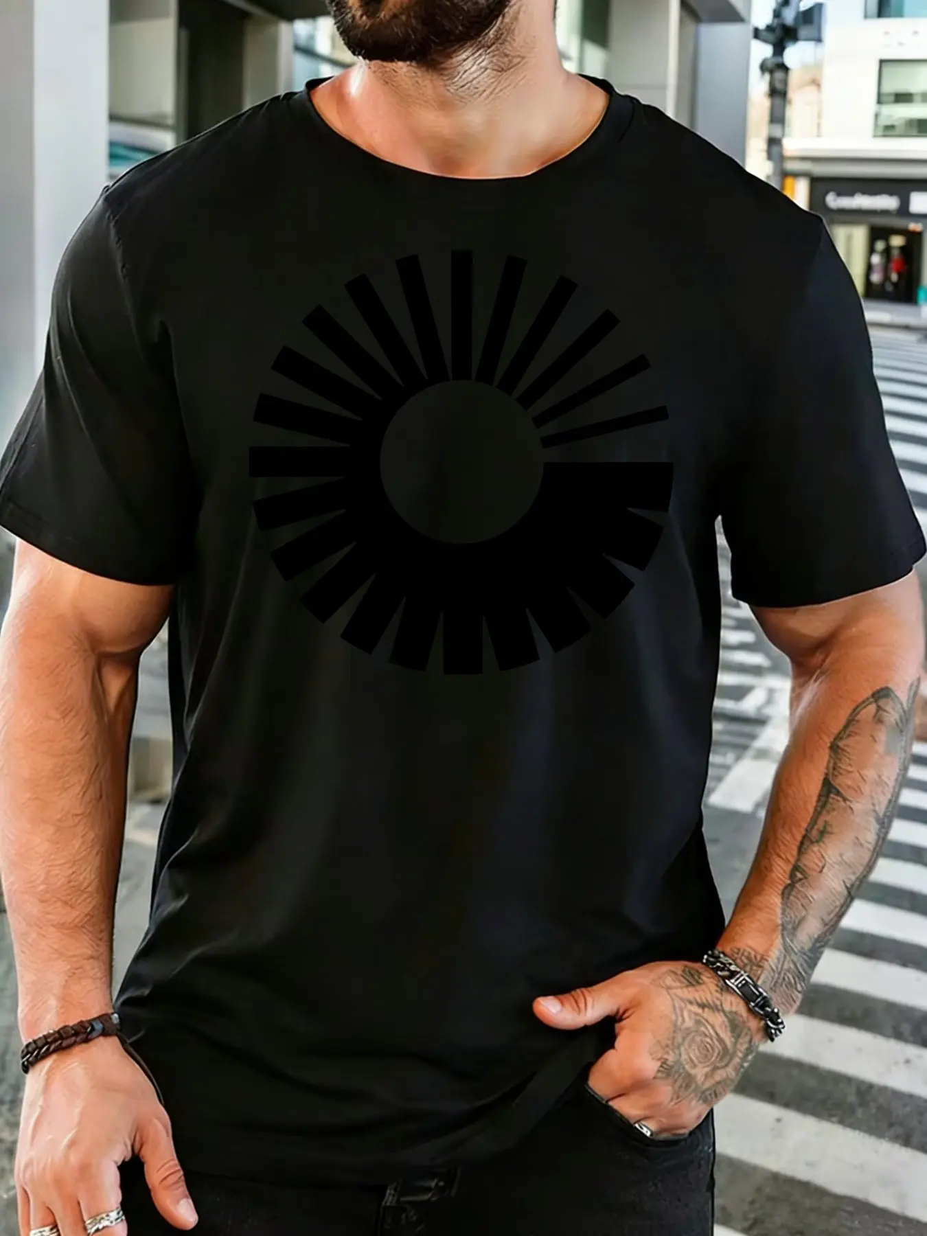 Fashion Mens Light Cotton T Shirt Retro Abstract Sun Radiant Line Pattern Minimal Art Casual Crew Neck Daily Street Wear Top