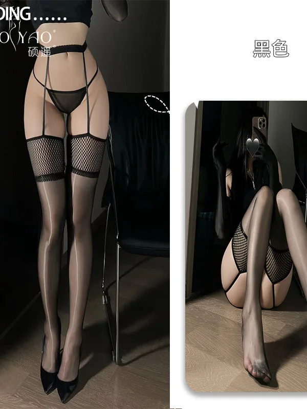 2025 مثير النفط لامعة أورورا سلسلة شبكة الحمالات قطعة واحدة الجوارب النساء عالية المرونة رقيقة جدا شير سليم جوارب الحرير FH69