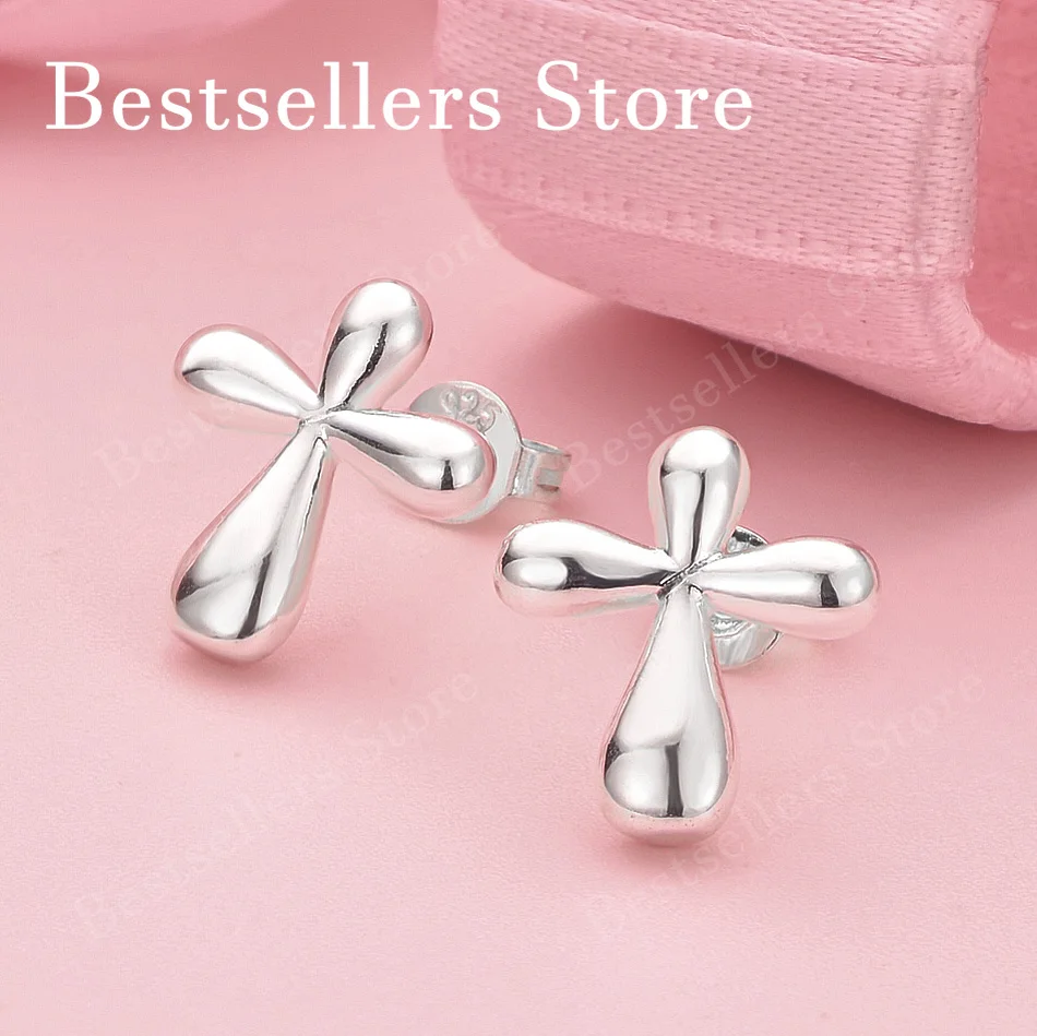 925 Sterling Silver Exquisite Shiny Cross Stud Earrings for 