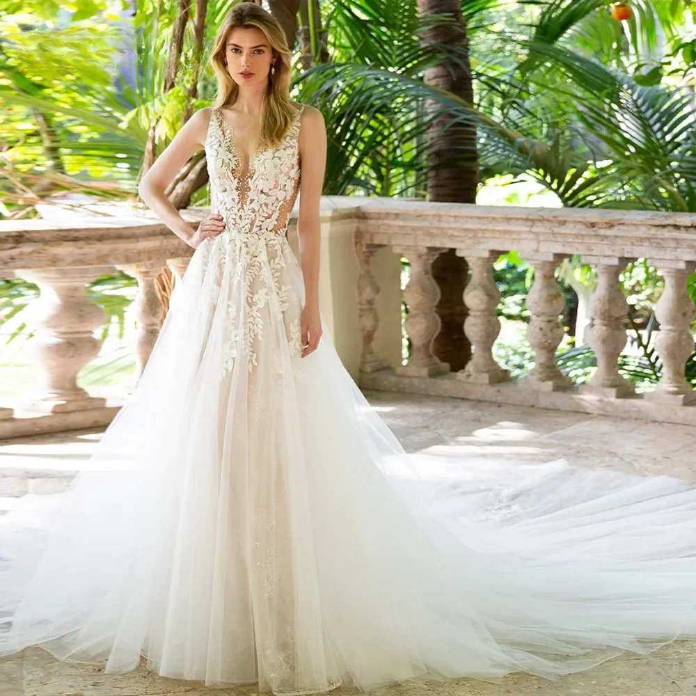 Gaun pernikahan MODERNXUAN payet Tank kerah V untuk wanita gaun pengantin panjang A-line Tulle applique Vestidos De Novia buatan khusus