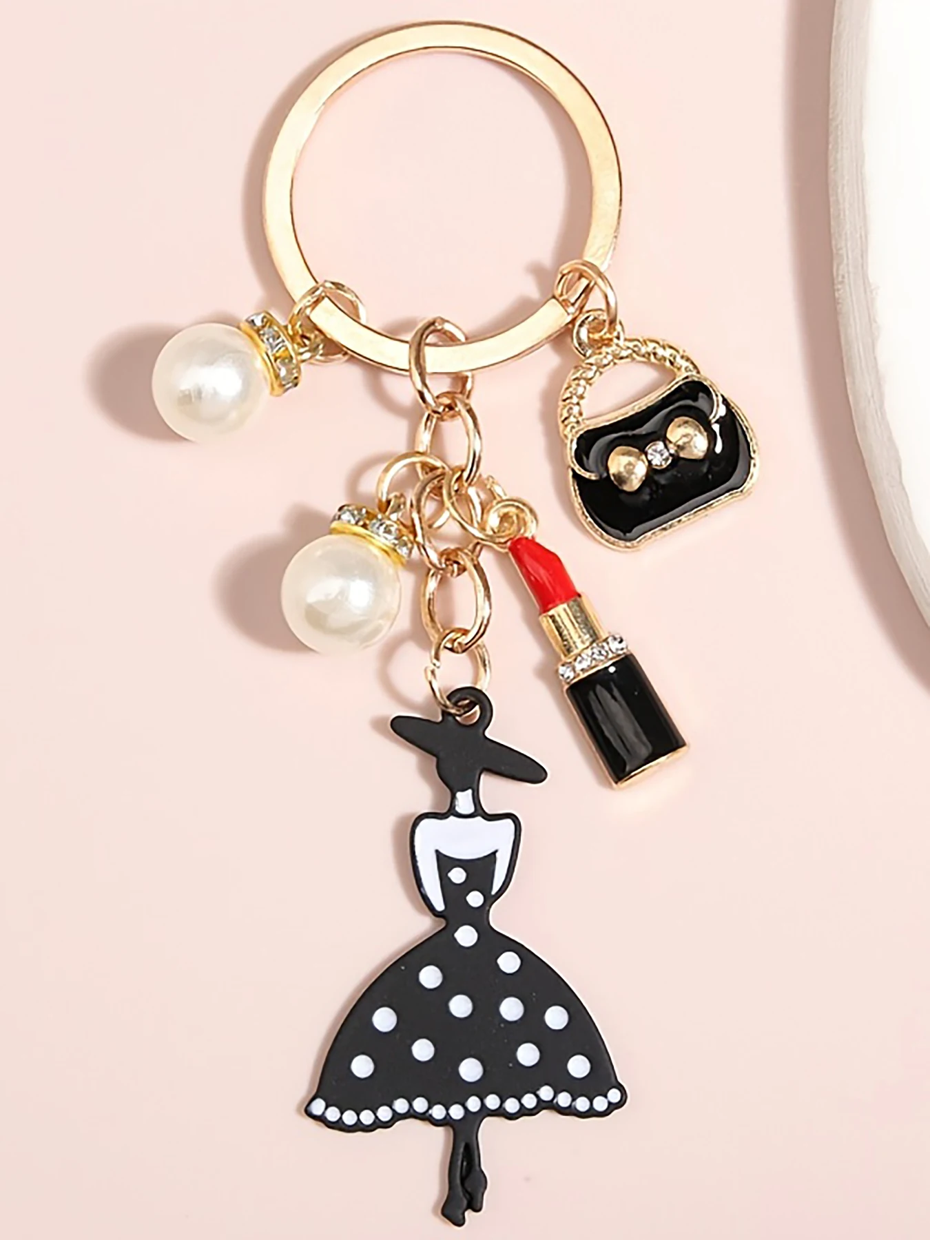 1 Black handbag with lipstick design, elegant women's alloy drip-painted vintage style keychain/pendant.