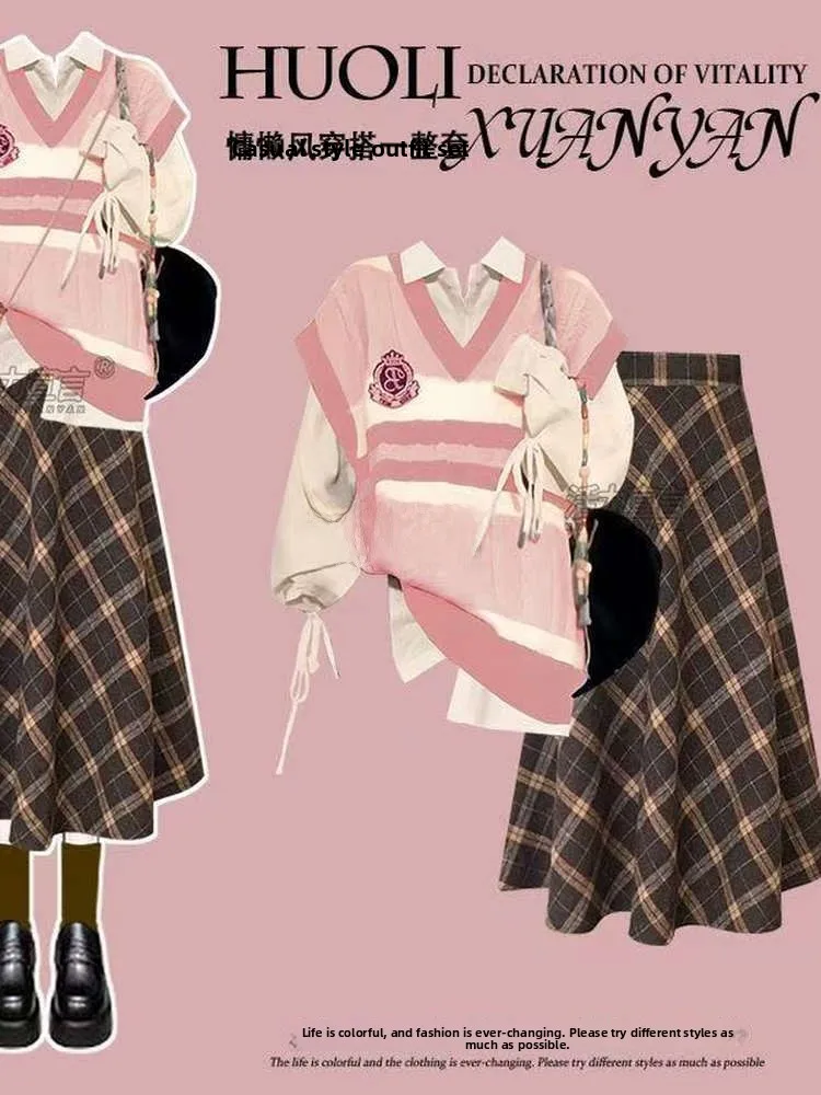 

Women's College Style V-Neck Knitted Shirt Set Long Sleeve Outerwear Vest Autumn Winter Fashion Layering Skirt Compatible