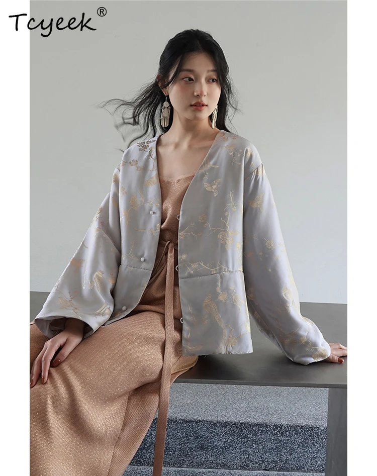 طقم معطف قميص حرير التوت 50% من Tcyeek للنساء، جاكار ساتان بأكمام طويلة، أطقم علوية كلاسيكية أنيقة، ربيع 2024 S41093QM #4