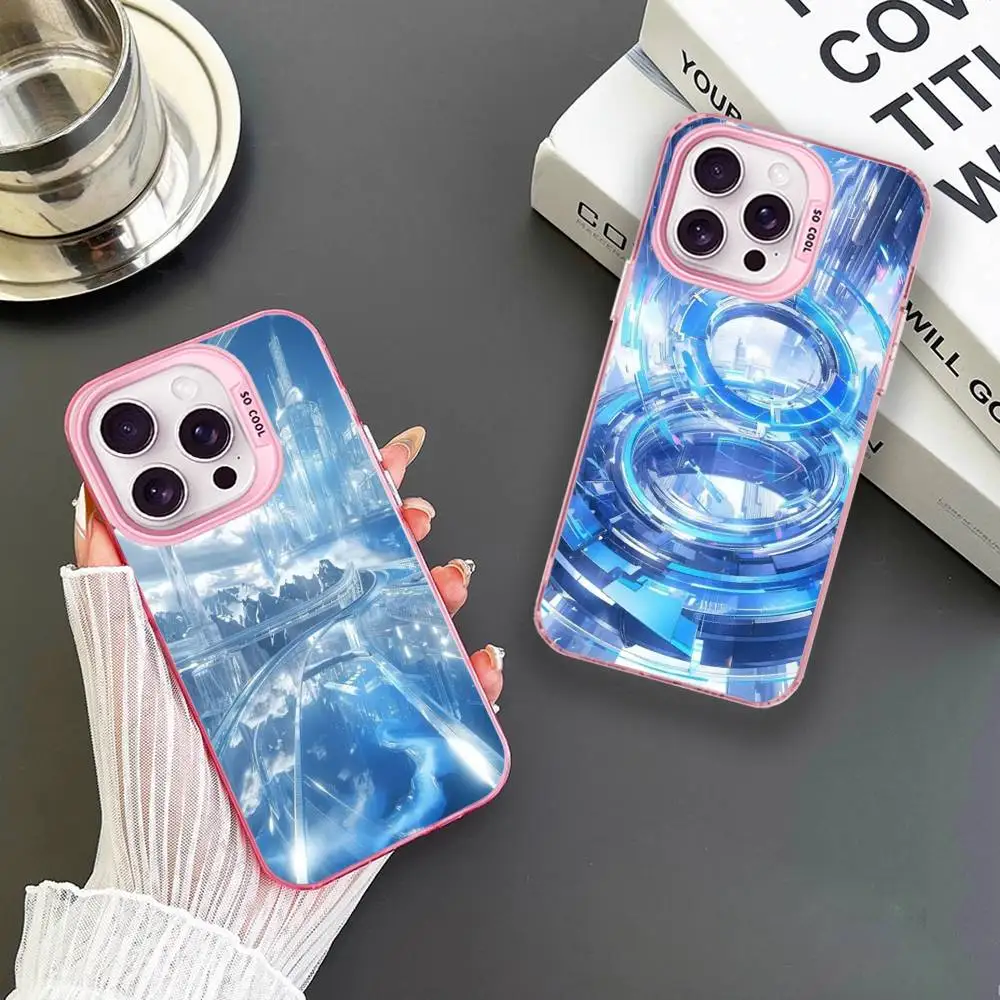 حافظة هاتف معمارية الخيال العلمي باللونين الأزرق والأبيض لهواتف iPhone 16,15,14,13,12,11,Mini,Pro,MAX غطاء وردي غير لامع مقاوم للصدمات #1