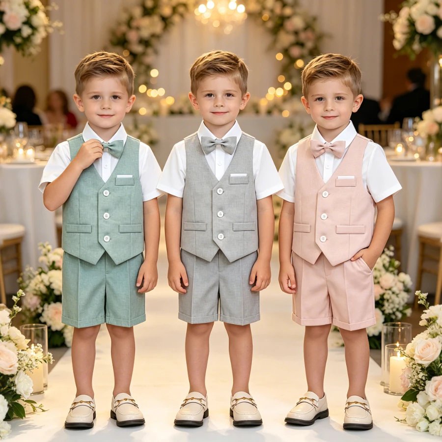 Summer Boys Vest Outfit Shirt Shorts Matching Bow Kids Formal Suit Wedding Ring Bearer Piano Birthday Costume for Toddler 3-12Y