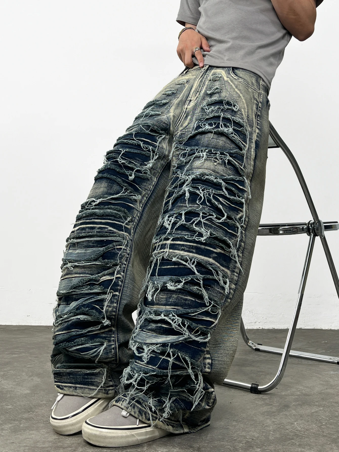 American Vintage Distressed Washed Double-Layer Patch Ripped Frayed Baggy Jeans  Men Y2K Trendy Street Hip-Hop Punk Style Pants