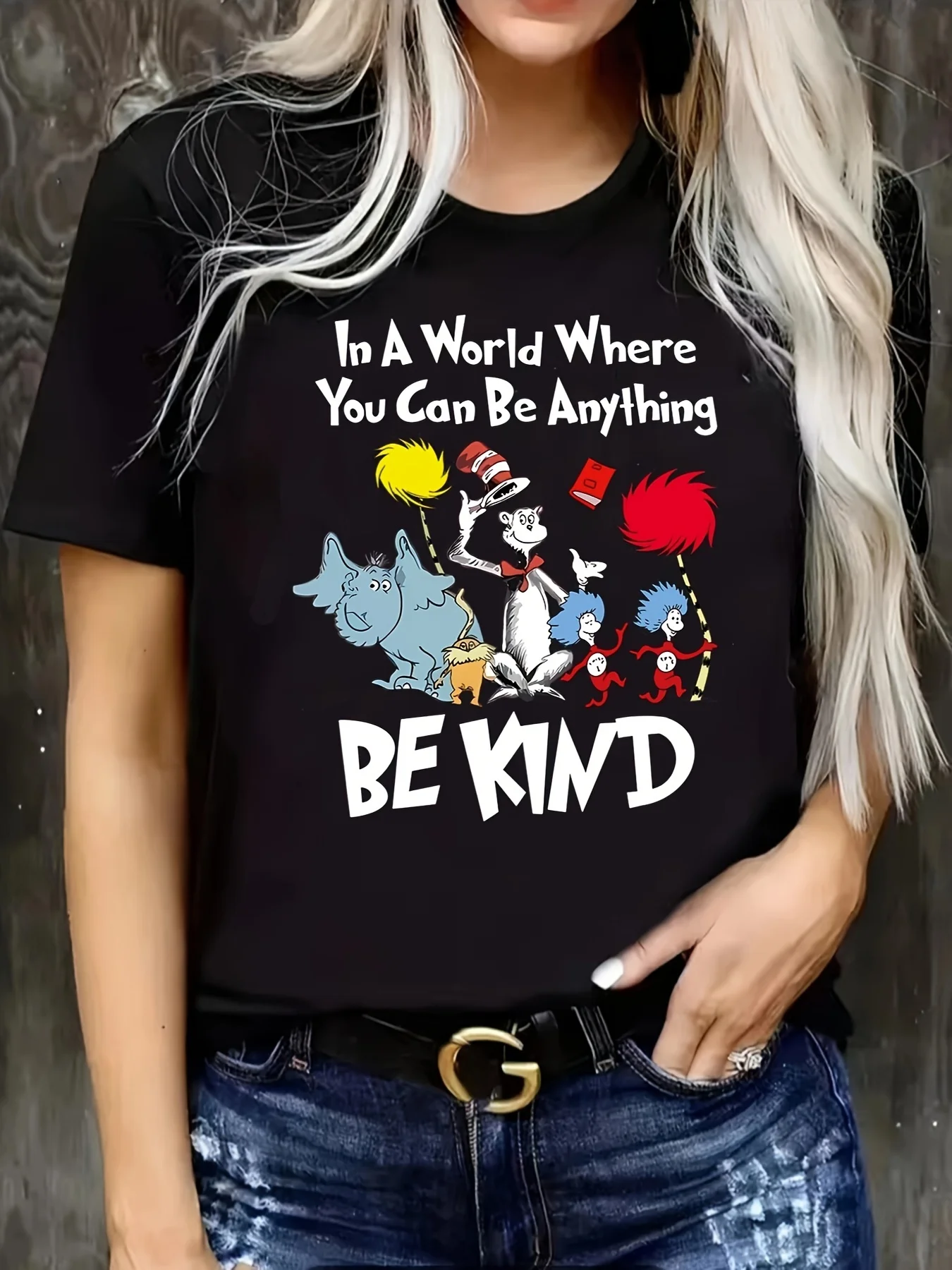 Women's Casual BE KIND Print in A World Where You Can Be Anything Soft & Breathable Short Sleeve Crew Neck Top for Summer