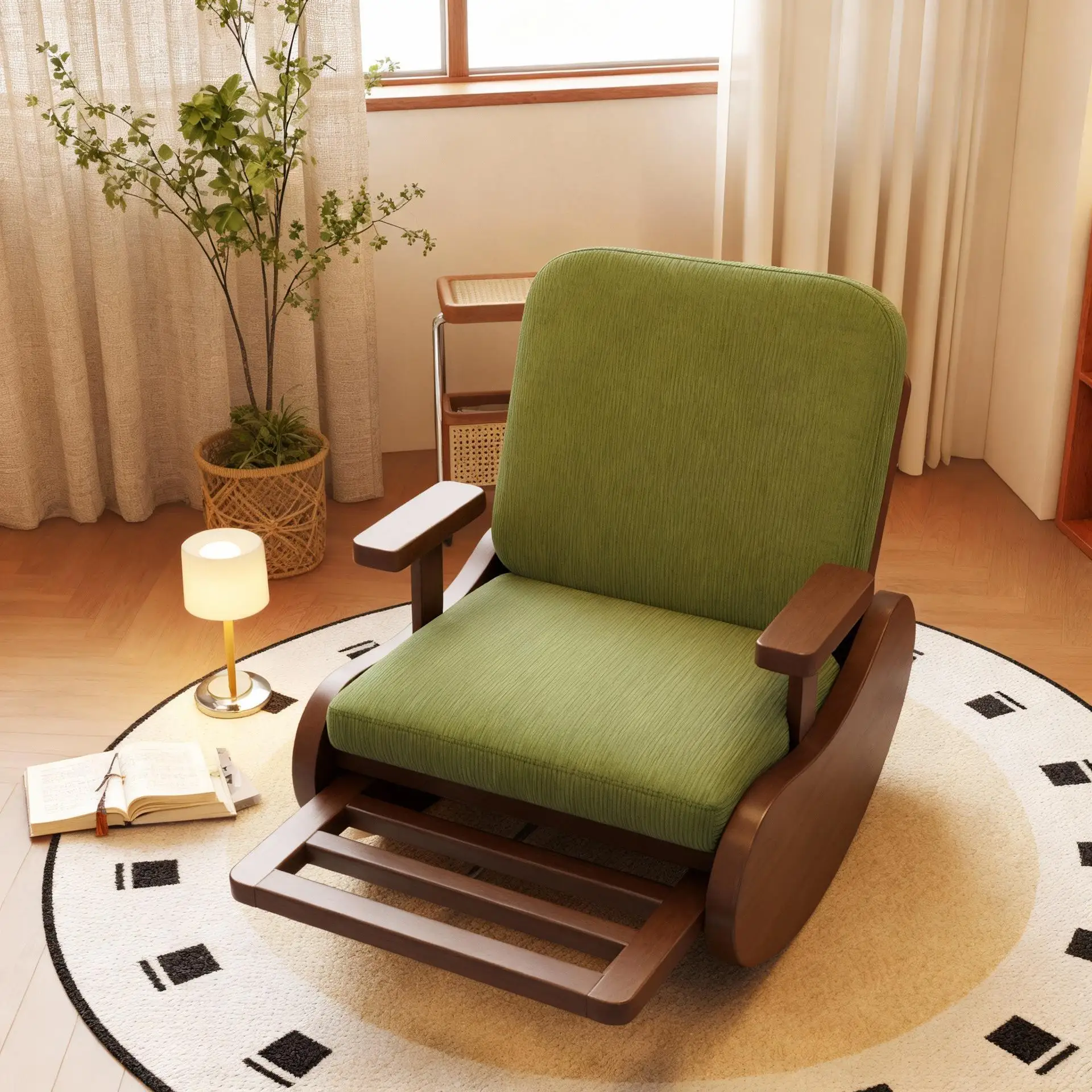 Multifunctional rocking chair with pedal, integrated telescopic pedal solid wood armrest rocking chair