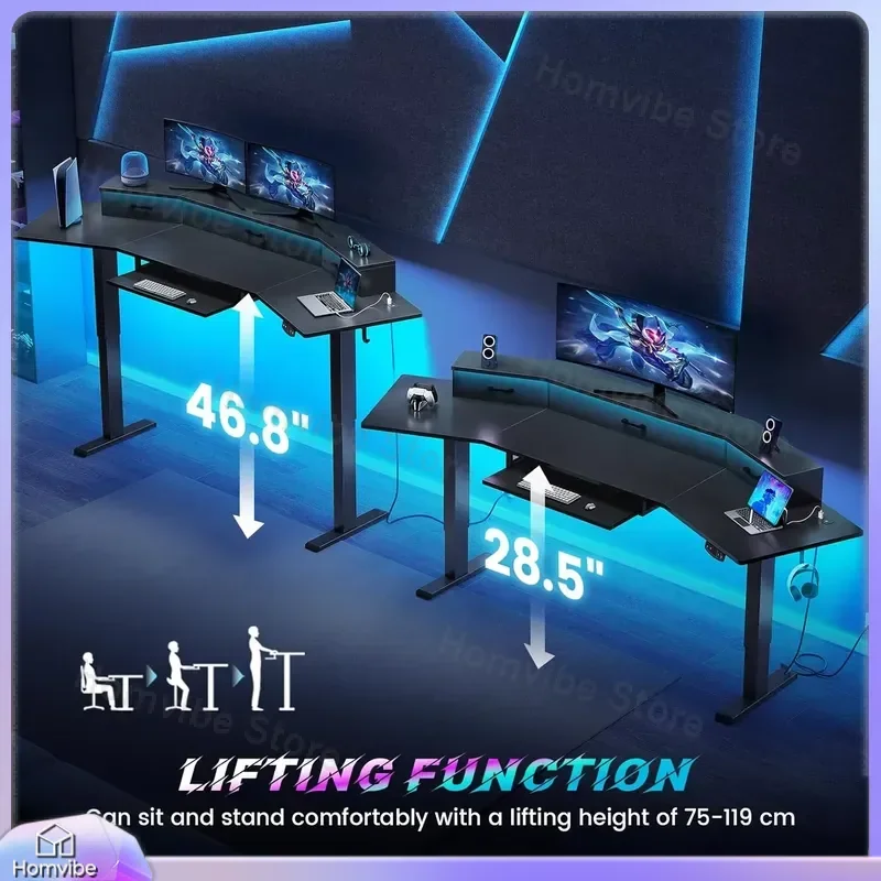 79 Inch Electric Height Adjustable Standing Gaming Desk with Drawers LED Lights and Built in Power Outlet for Home Office