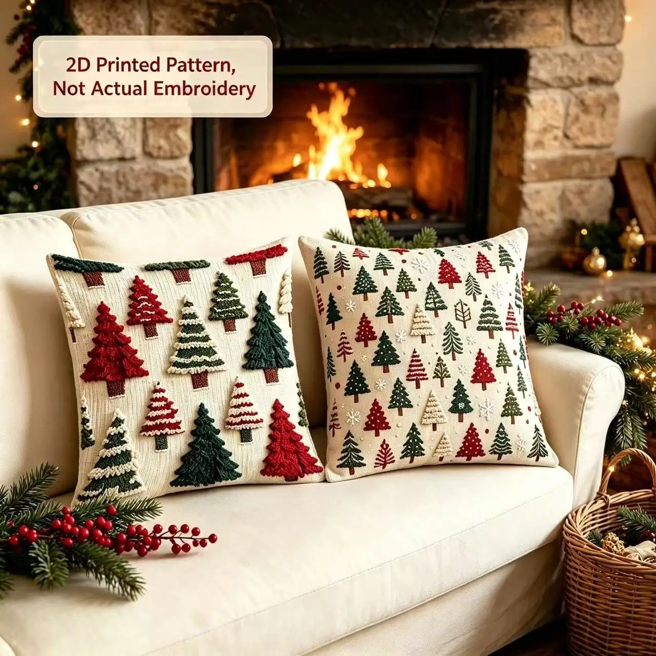 Christmas Throw Pillow Covers, Christmas Tree Pattern Non-Real Embroidery Decorative Cushion Cases, Festive Holiday Pillowcases For Sofa Couch Bed Living Room Bedroom Home Decor, Farmhouse Rustic Christmas Decoration, Cozy Winter Decor For Your Home