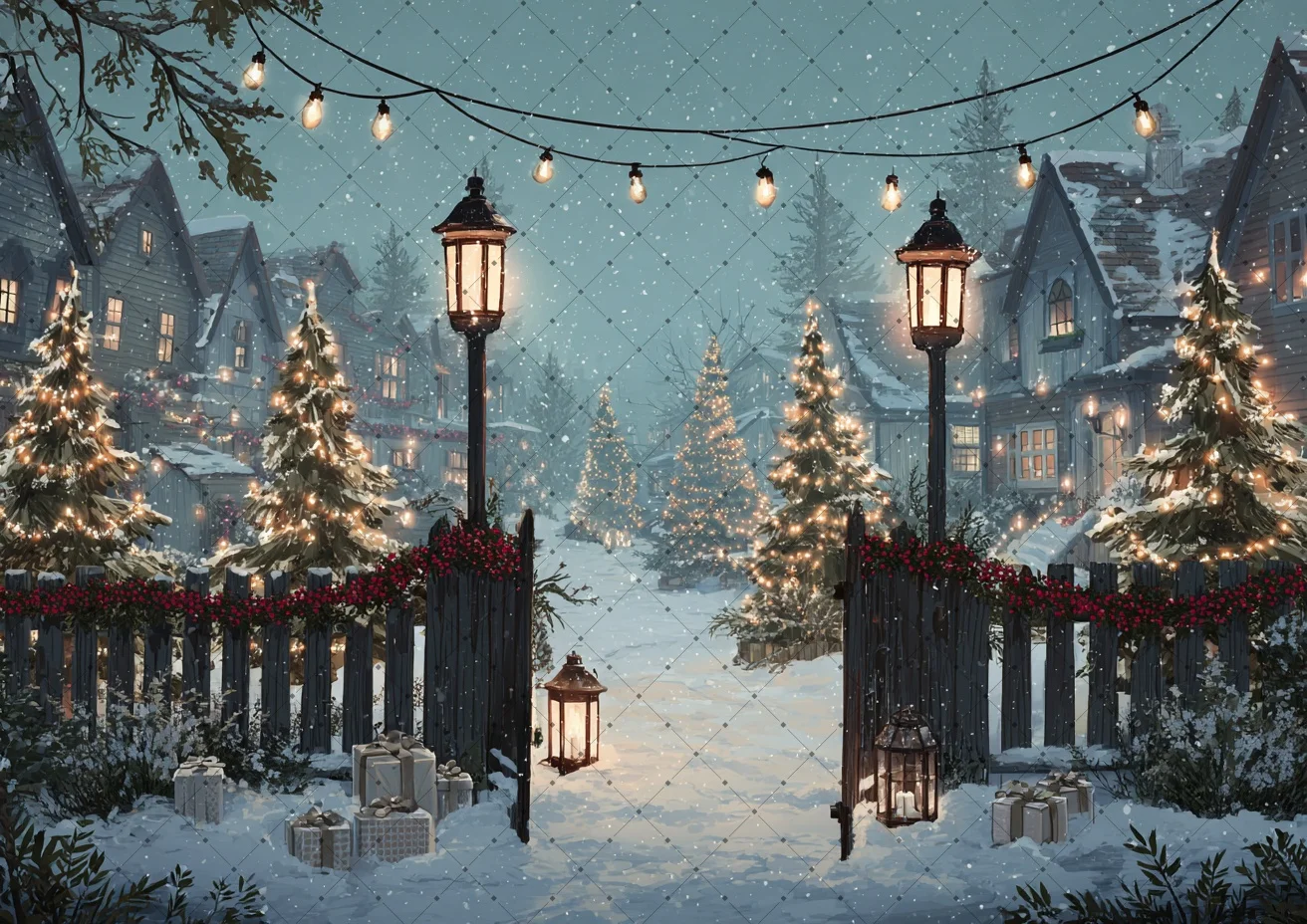 Snowy Christmas Village Backdrop Street Lamp Fence String Lights Xmas Tree Gift Winter Outdoor Scene Family Photo Background
