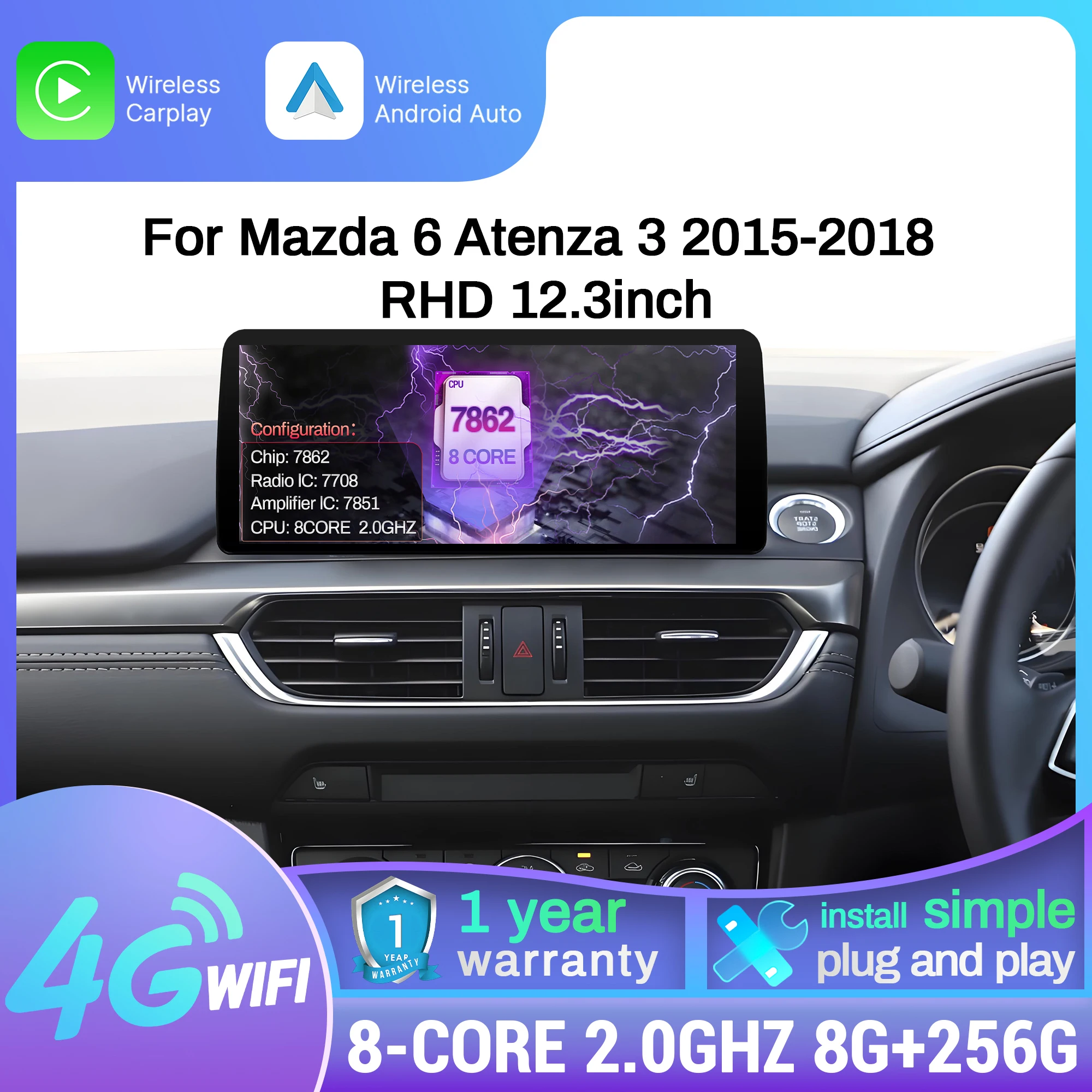 

12.3 inch Android 14 4G GPS For Mazda 6 Atenza 3 2015 2016 2017 2018 Right Hand Drive CarPlay Car Radio Multimedia Touch Screen