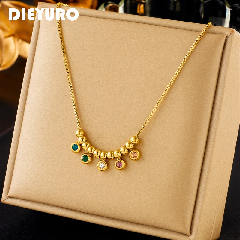 DIEYURO 316L Stainless Steel Colorful Zircon Beads Pendant Necklace For Women Girl New Trend Neck Chains Jewelry Gift Party