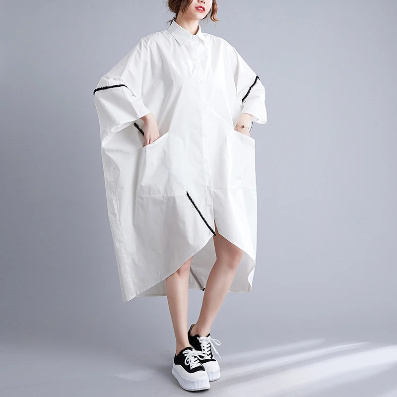 

Plus Size Summer Design Sensation Women's Cotton Midi Dr Asymmetrical Slimming irt Dr Collar ort Sve Long Skirt