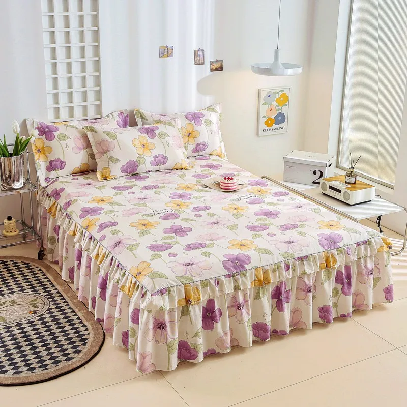 100% Cotton Botanical Floral Bed Skirt Set Soft Flower Fitted Sheet 3 Side Coverage Drop Dust Ruffle 1 Bed Sheet & 2 Pillowcases