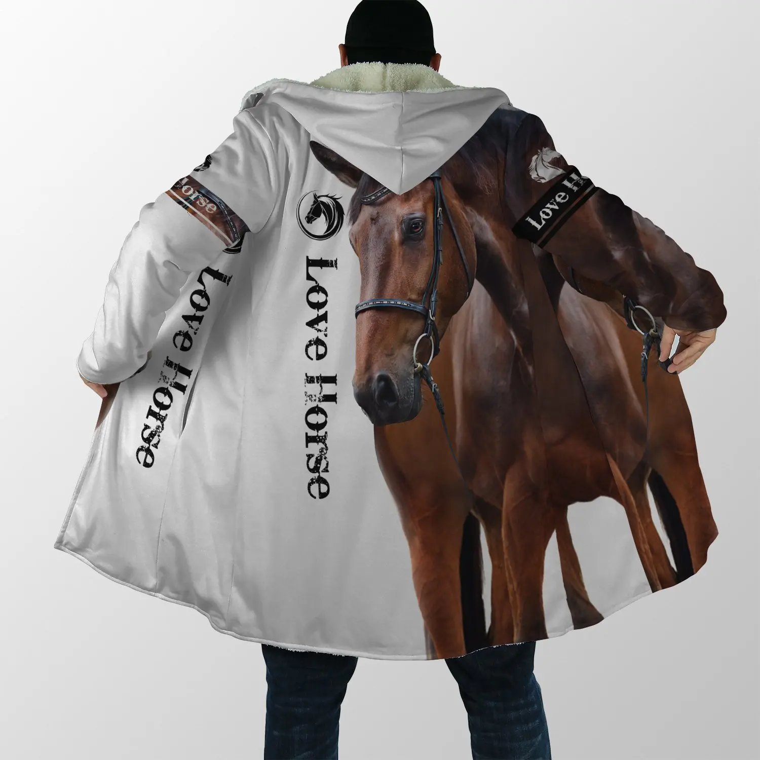 Men's Winter Harajuku Hooded Coat Love Horse 3D Printed Men's Hooded Cape Unisex Fashion Casual Thick Thermal Hooded Cape Coat