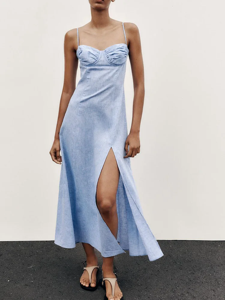 

New Summer Women's Midi Dr ZA2025 Svel High Waist Tight Fit Linen Blend Gown for Banquet Pure Color Long Gown