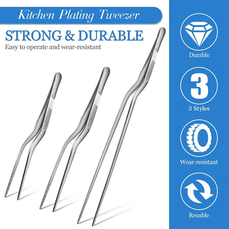 3 Sizes Stainless Steel Precision Kitchen Chef Tongs Tweezers for Food Cooking Picnic Barbecue Cake Decorating 14cm 16cm 20cm