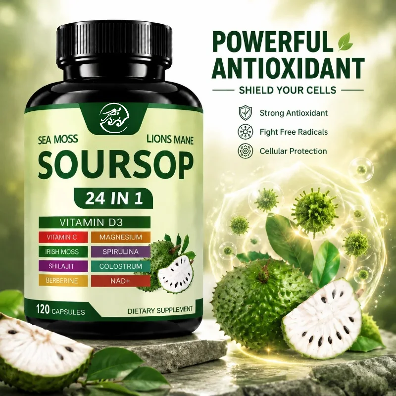 Soursop 24‑in‑1 Complex Capsules, with Sea Moss Lions Man NAD+, Support Brain Nerve Memory Focus Immunity Antioxidant & Vitality