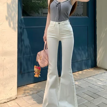 화이트 빈티지 하이 웨이스트 스트레이트 레그 데님 청바지 여성 캐주얼 여름 말 프린트 바지 다목적 Trompeuse 바지 