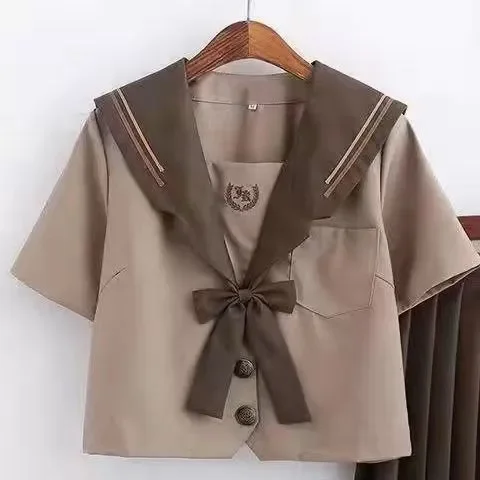 Japanese Fashion School Uniform Soft Girl JK Uniform Student Skirt Girl Milk Tea Brown Navy Wind Sailor Suit Pleated Skirt Set