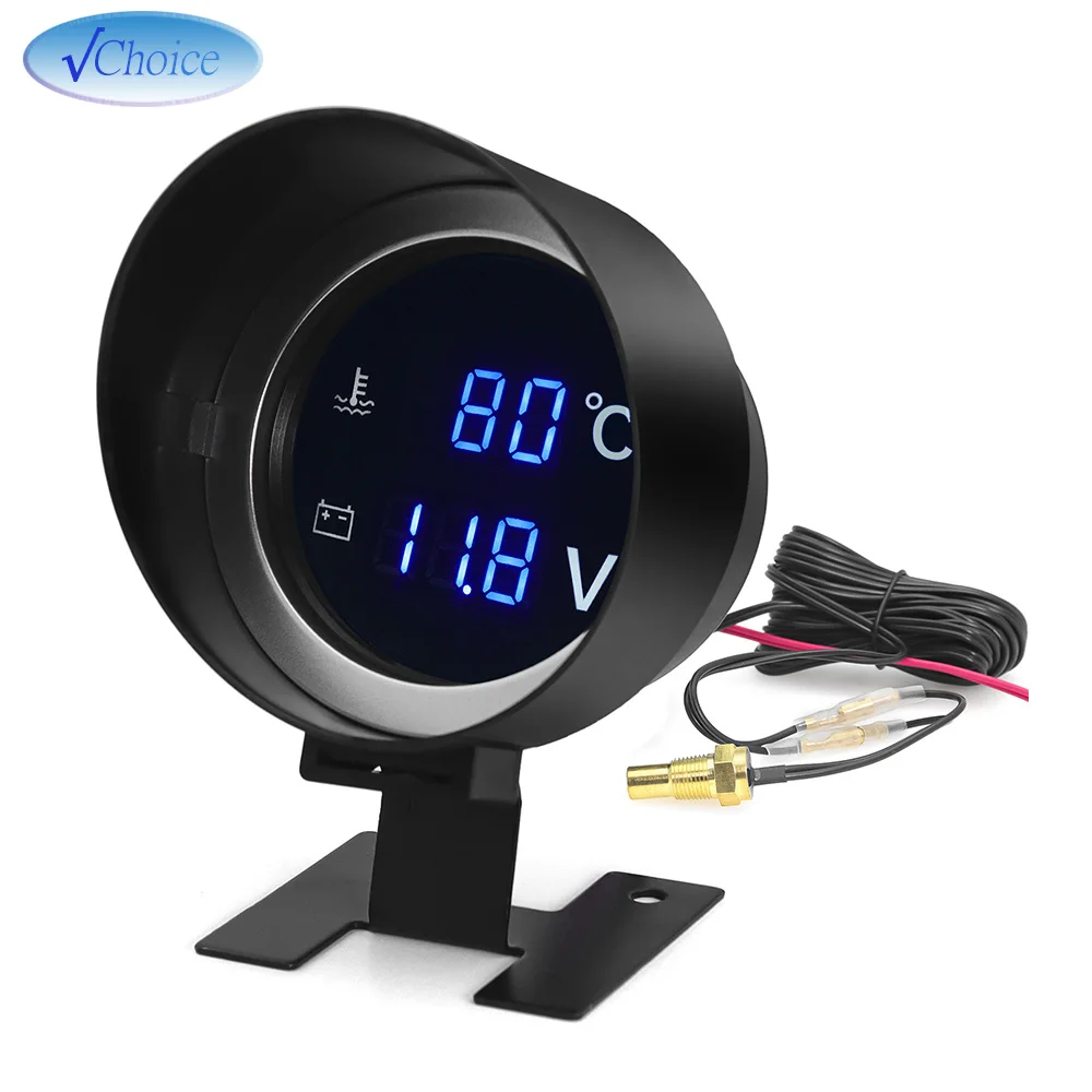 2 in 1 Round LED Digital Water Temp Gauge Voltmeter Volt Voltage Meter Temperatura Moto For 12V24V Car Truck Temperature Sensor