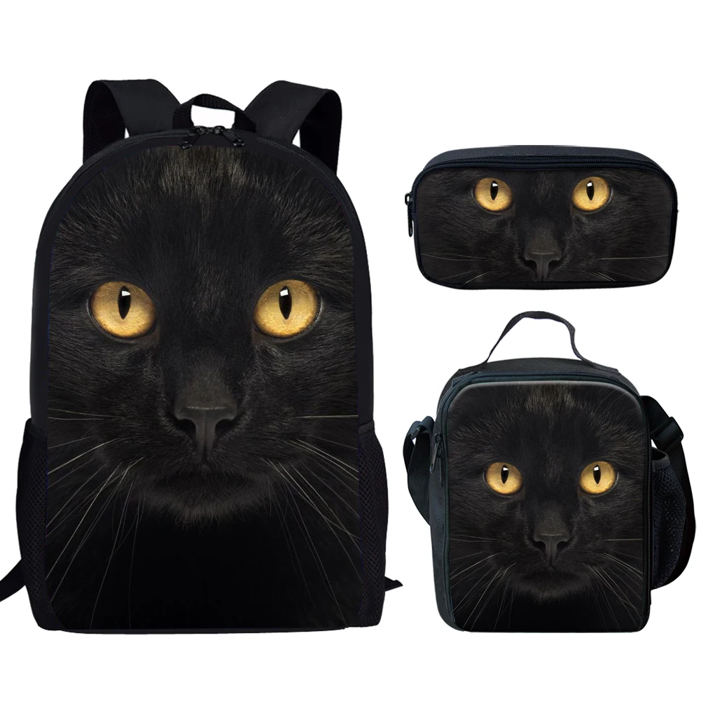 Black Cat Design 3Pcs School Bags Set for Teen Boy Girls Schoolbag Casual Backpack  Student Bookbag Large Capacity Backpack