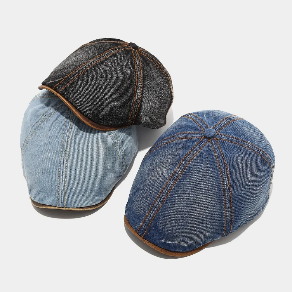 

Casual Washed Denim Beret Hat Vintage Adjustable Newsboy Cap Short Brim Flat Cap Unisex