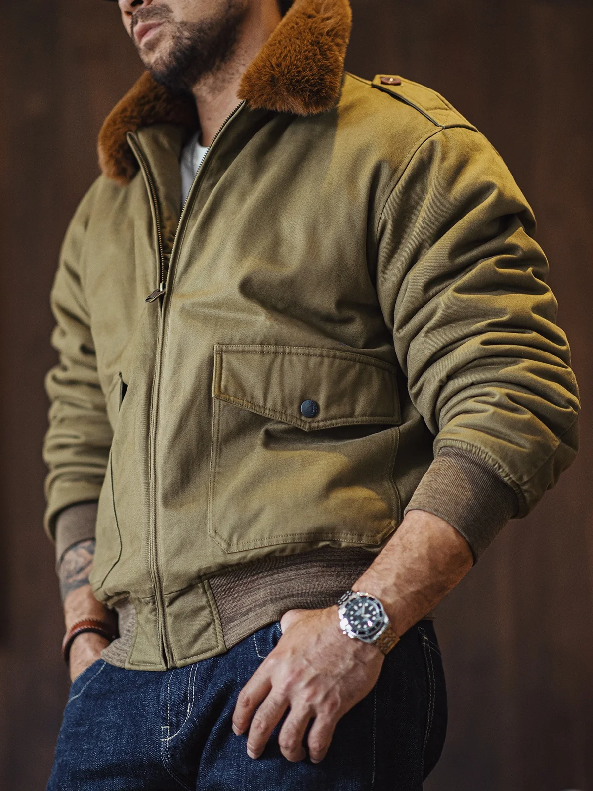 

Maden Workwear American Retro B10 Jacket Bomber Cotton Coat Mountain Eagle Flip Fur Collar Men Winter Thickened Zipper Warmth