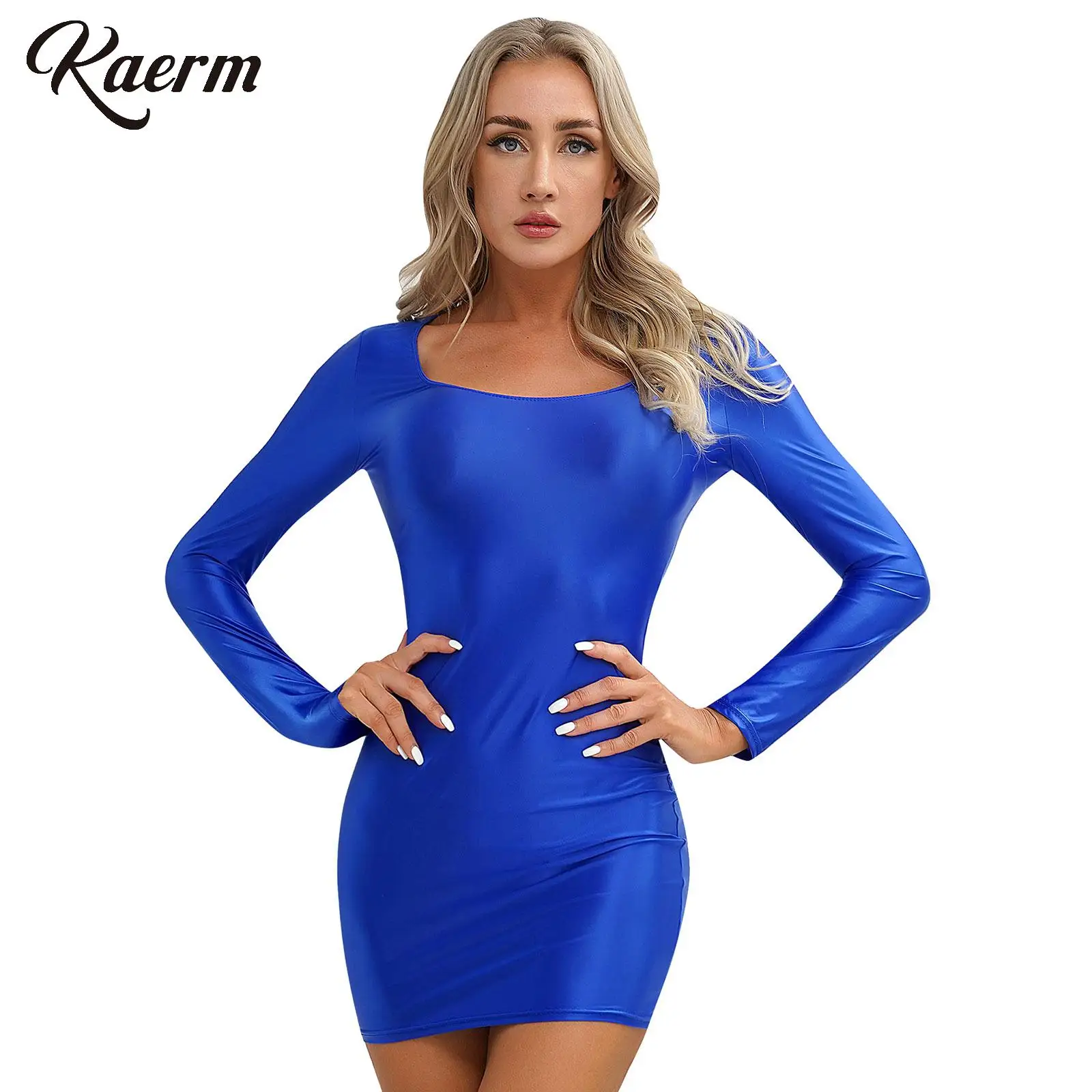 

Women Gloosy Long Sleeve Bodycon Mini Dress Sexy Night Club Dance Dresses Slim Fit Bodysuit Ballroom Formal Gown