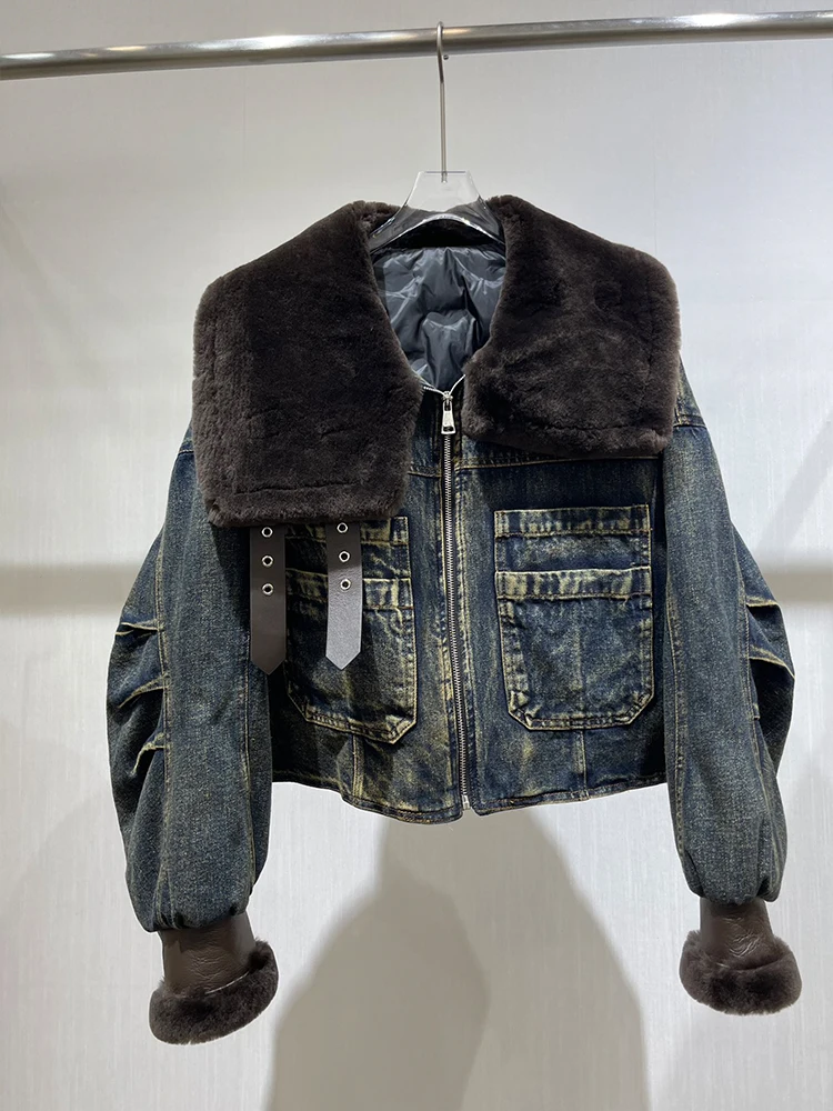 Winter Natrual Schafe Pelz Kragen frauen Warme Denim Mantel Gans Unten Jacke Luxus Dicke Outwear Weibliche Feder Mäntel