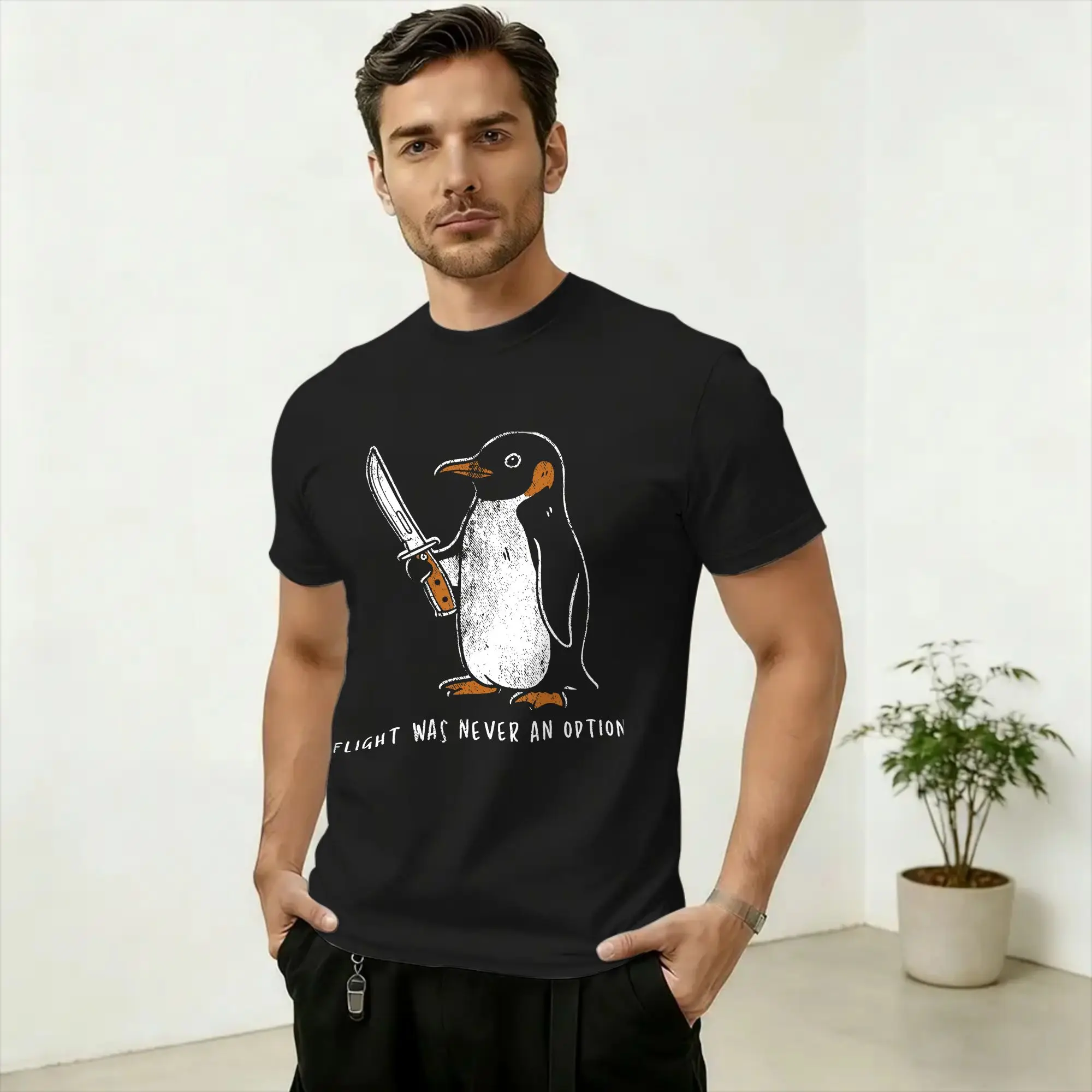 Flight was Never an Option Funny Penguin with Knife T-Shirt Men Hipster Cotton Tees Round Neck Short Sleeve Plus Size Clothes