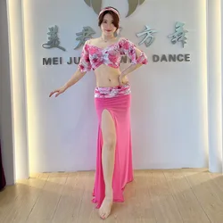 Women's Costume Fantasia Bellydance Outfit Sexy Gauze Long Sleeve Top Print Side Slit Skirt Professional Dancewear Oriental New