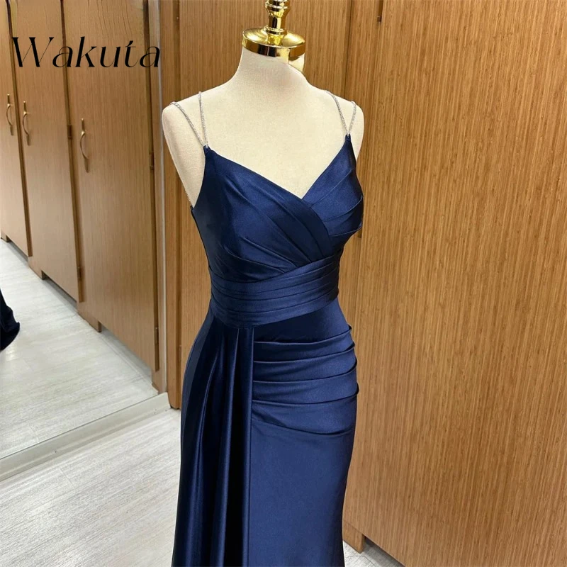 Wakuta Solid V-neck Sleeveless Evening Vestidos Long Pleated Chiffon Gowns with A Slim Fit Sparkling Dance Robe Elegante Mujer