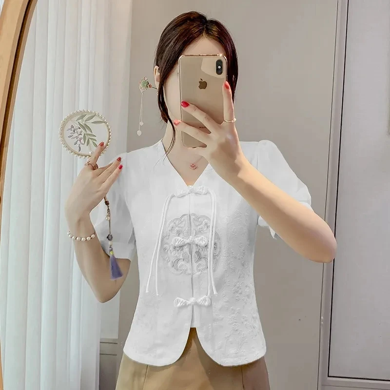 Chinese Style Women Button Up Embroidered Shirt 2024 Summer Female New Age Reducing Short Sleeved Tassel Short Style Bubble to