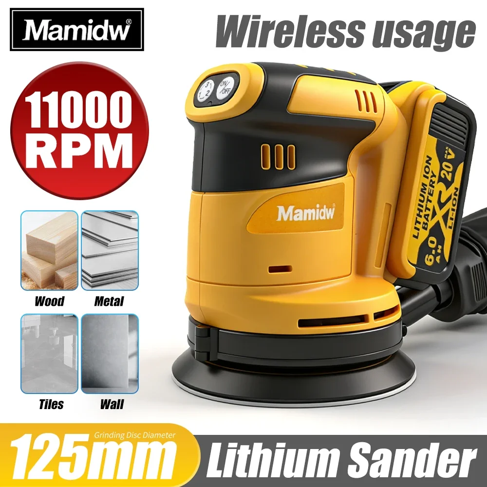 

3-Speed 12,000 RPM Random Orbital Sander | 125mm Palm Sander with Dust Collector for Clean Workspace | Fits DeWalt 20V Tools | I