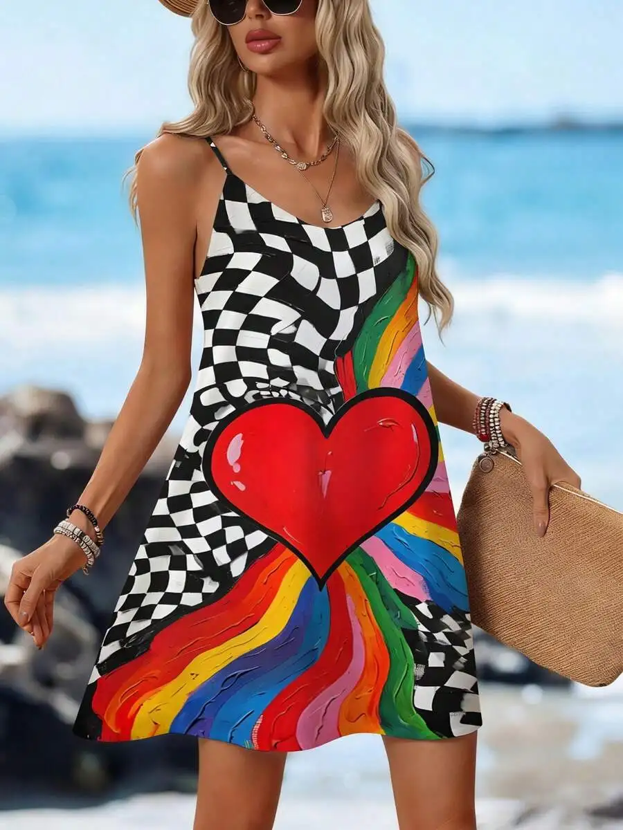 

Womens Adjustable Thin Strap Mini Dress V Neck Backless Flowy Beach Dress Checkerboard Rainbow Heart Pattern