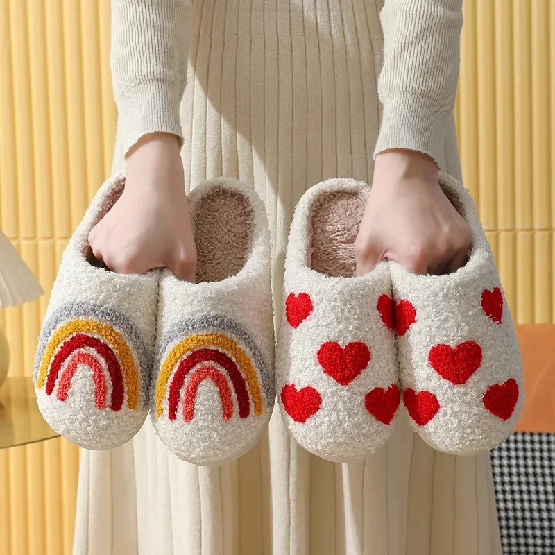 Popular Colorful Rainbow Plush Slippers Women Cartoon Cute Face Heart Design Cozy Indoor Footwear Soft Comfort House Shoes