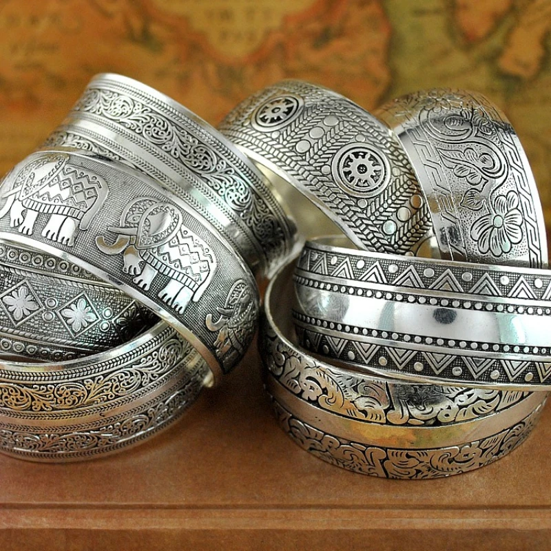 Meetvii New Retro Cuff Bracelets Tibetan Silver Metal Carving Sea Turtle Lotus Elephant Flower Bangles Vintage Gypsy Jewelry image 3