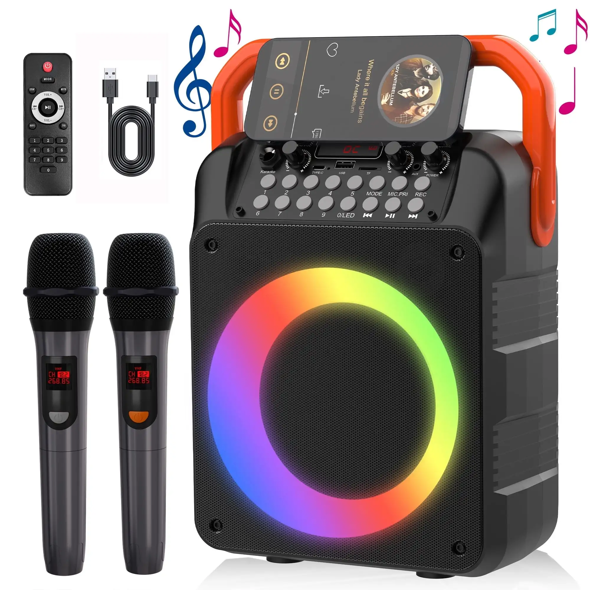 PERKEO Karaoke Machine for Adult Kids, Home Karaoke System with 2 Wireless Microphones, Portable PA Speakers