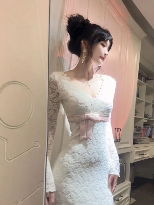 

Sexy Pure Desire Lace Bodycon Long Dr V-Ne Unique Beautiful Winter Faionable Women's Dr Cotton Blend Long Sve