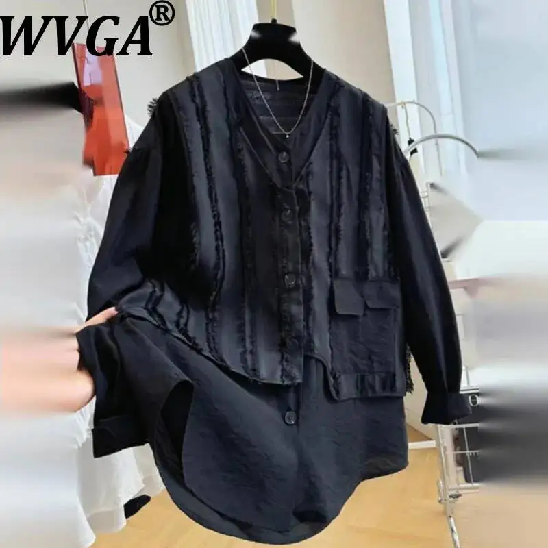 

WVGA Spring Autumn New Man Tide Oversized Fake Two-piece Trendy Long Sleeve Shirt Niche Chic Casual Turn-Down Collar Tops W22181