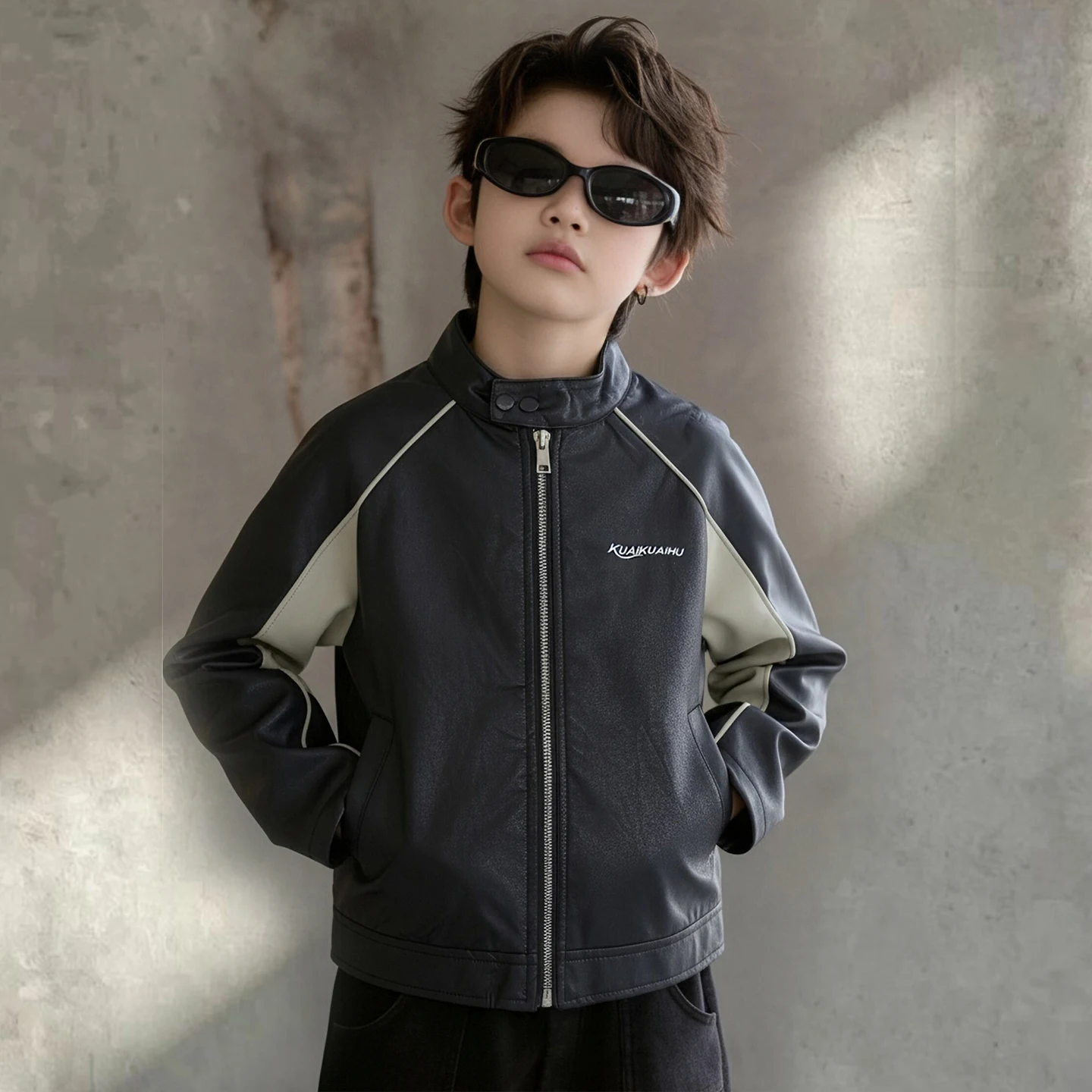 Boys PU Faux Leather Motorcycle Jacket Stand Collar Color Block Splicing Zipper Outerwear Kids Spring Autumn Casual Biker Coat